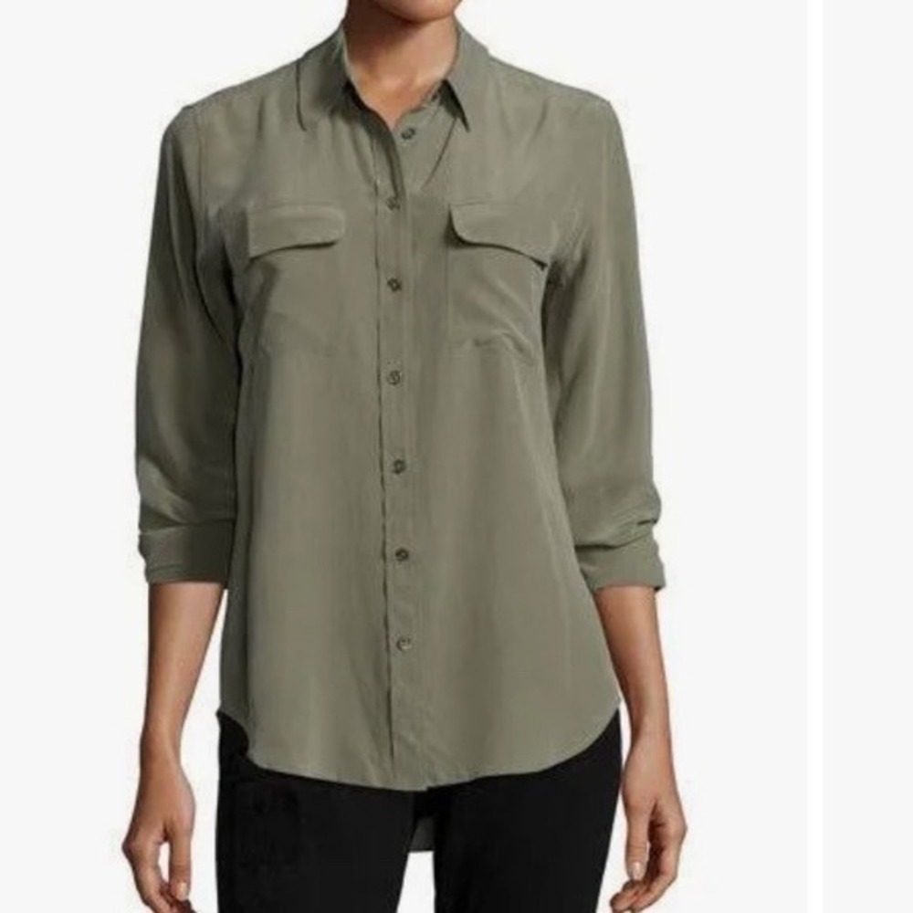 Equipment Femme Silk Slim Signature Button Down Shirt Olive Green XS